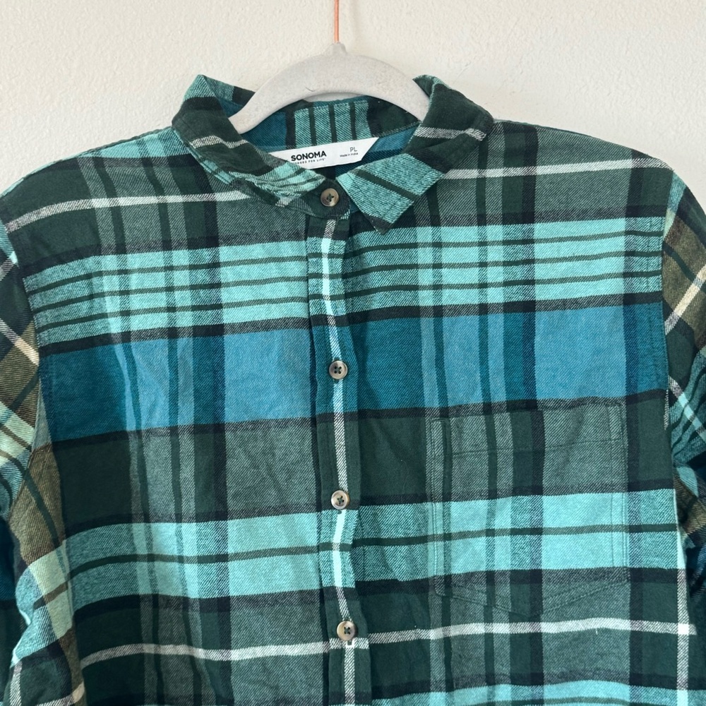 Sonoma Goods for Life Green Plaid Flannel Shirt Button Up 100% Cotton PL Petite - Picture 3 of 9